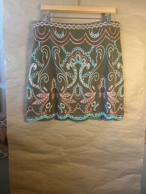 Anthropologie Olive Mini Skirt with Pink, Turquoise & Cream Embroidery